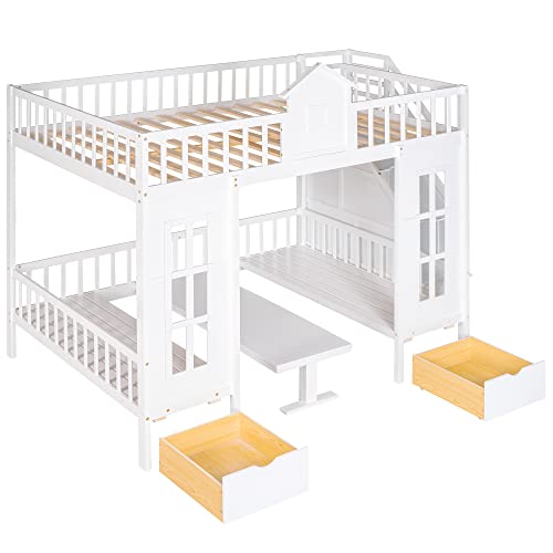 Loft Bed with Desk, Castle Bed for Kids with Stairs, Full Over Full Bunk Bed, Princess Bed Frame with Changeable Table and Storage Drawers for Boys or Girls, White