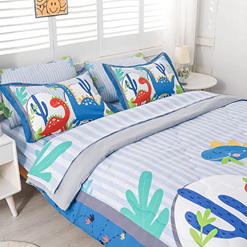 Wajade Kids Cartoon Dinosaur Comforter Set Full Size Bed in a Bag for Boys and Girls, 7 Pieces Jungle Dinosaur Printed Bedding Set Includes Comforter, Flat Sheet, Fitted Sheet, Two Pillowcases & Shams