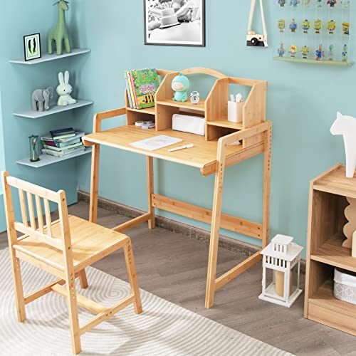 Costzon Kids Desk and Chair Set, Height Adjustable Children Study Table and Chair w/Bookshelves, Student Writing Computer Workstation for Bedroom & Study Room, Bamboo Desk & Chair for Kids (Natural)