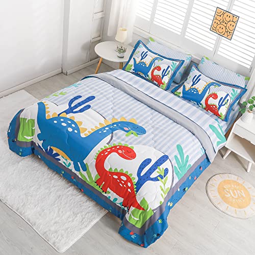 Wajade Kids Cartoon Dinosaur Comforter Set Full Size Bed in a Bag for Boys and Girls, 7 Pieces Jungle Dinosaur Printed Bedding Set Includes Comforter, Flat Sheet, Fitted Sheet, Two Pillowcases & Shams