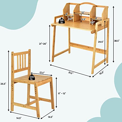 Costzon Kids Desk and Chair Set, Height Adjustable Children Study Table and Chair w/Bookshelves, Student Writing Computer Workstation for Bedroom & Study Room, Bamboo Desk & Chair for Kids (Natural)