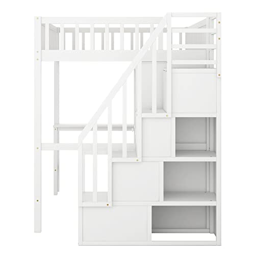 Full Size Loft Bed with Desk and Wardrobe Wood Loft Bed with Stairs Storage Staircase and Shelves, High Loft Bed with Steps for Kids Boys Girls Teens, White