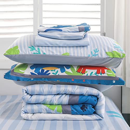 Wajade Kids Cartoon Dinosaur Comforter Set Full Size Bed in a Bag for Boys and Girls, 7 Pieces Jungle Dinosaur Printed Bedding Set Includes Comforter, Flat Sheet, Fitted Sheet, Two Pillowcases & Shams