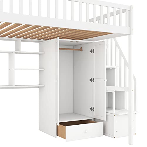 Full Size Loft Bed with Desk and Wardrobe Wood Loft Bed with Stairs Storage Staircase and Shelves, High Loft Bed with Steps for Kids Boys Girls Teens, White