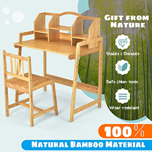 Costzon Kids Desk and Chair Set, Height Adjustable Children Study Table and Chair w/Bookshelves, Student Writing Computer Workstation for Bedroom & Study Room, Bamboo Desk & Chair for Kids (Natural)