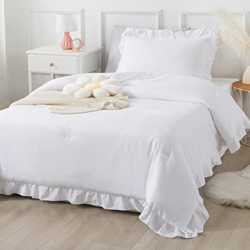 Andency Kids Twin(66x90Inch), 2 Pieces White Ruffle, Farmhouse Shabby Chic Comforter Set, Soft Microfiber Kids Bedding Set