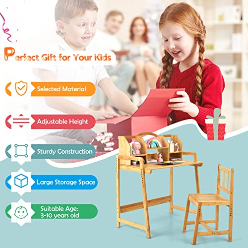 Costzon Kids Desk and Chair Set, Height Adjustable Children Study Table and Chair w/Bookshelves, Student Writing Computer Workstation for Bedroom & Study Room, Bamboo Desk & Chair for Kids (Natural)