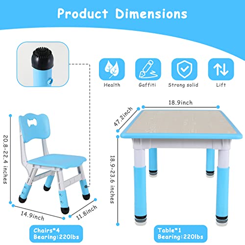 Arlopu Big Kids Study Table and 4 Chair Set, Height Adjustable Toddler Table and Chair Set for 4, Multifunctional Toddler Table, Reading, Drawing, Eating Interaction (Blue, Long Table)