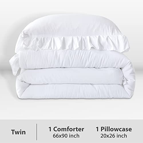 Andency Kids Twin(66x90Inch), 2 Pieces White Ruffle, Farmhouse Shabby Chic Comforter Set, Soft Microfiber Kids Bedding Set