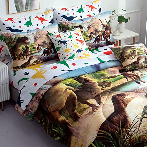 NiuOne 9 Piece Dinosaur Comforter Set Bed in a Bag Full Size for Teen Kids Adults,3D Jungle Realistic Dinosaur Quilt Set,(1 Comforter+4 Pillowcase+1 Flat Sheet+1 Fitted Sheet+2 Throw Pillow Cover)