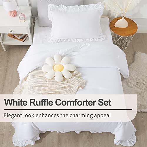 Andency Kids Twin(66x90Inch), 2 Pieces White Ruffle, Farmhouse Shabby Chic Comforter Set, Soft Microfiber Kids Bedding Set