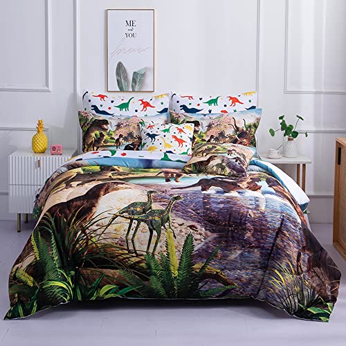 NiuOne 9 Piece Dinosaur Comforter Set Bed in a Bag Full Size for Teen Kids Adults,3D Jungle Realistic Dinosaur Quilt Set,(1 Comforter+4 Pillowcase+1 Flat Sheet+1 Fitted Sheet+2 Throw Pillow Cover)