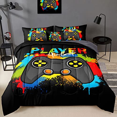 BDUCOK 6 Pieces Gamer Comforter Set for Boys Gaming Bedding Set Queen Size,Video Game Controller Comforter for Kids Adult 3D Gamepad Microfiber Bedding Sets 6 Pieces Bed in A Bag Sets30019,Queen