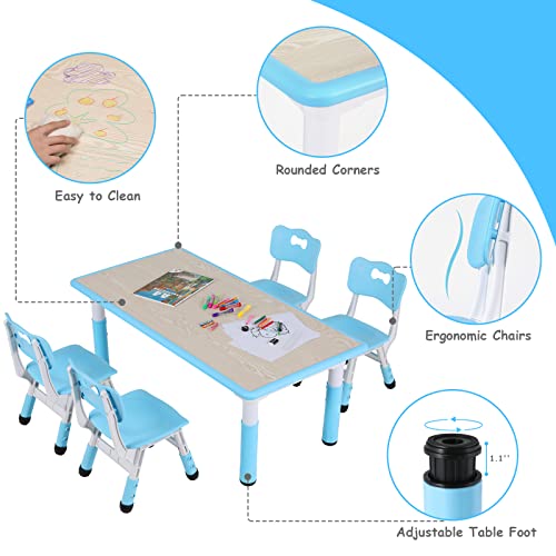 Arlopu Big Kids Study Table and 4 Chair Set, Height Adjustable Toddler Table and Chair Set for 4, Multifunctional Toddler Table, Reading, Drawing, Eating Interaction (Blue, Long Table)