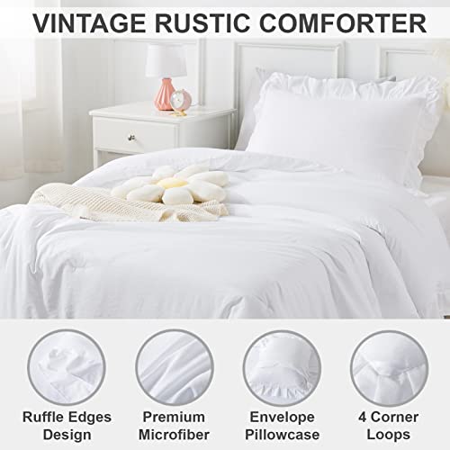 Andency Kids Twin(66x90Inch), 2 Pieces White Ruffle, Farmhouse Shabby Chic Comforter Set, Soft Microfiber Kids Bedding Set