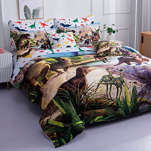 NiuOne 9 Piece Dinosaur Comforter Set Bed in a Bag Full Size for Teen Kids Adults,3D Jungle Realistic Dinosaur Quilt Set,(1 Comforter+4 Pillowcase+1 Flat Sheet+1 Fitted Sheet+2 Throw Pillow Cover)