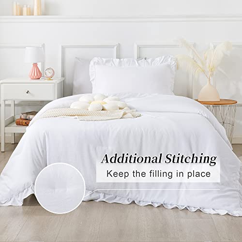 Andency Kids Twin(66x90Inch), 2 Pieces White Ruffle, Farmhouse Shabby Chic Comforter Set, Soft Microfiber Kids Bedding Set