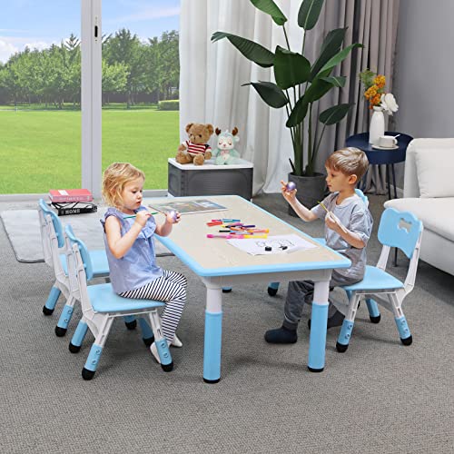 Arlopu Big Kids Study Table and 4 Chair Set, Height Adjustable Toddler Table and Chair Set for 4, Multifunctional Toddler Table, Reading, Drawing, Eating Interaction (Blue, Long Table)