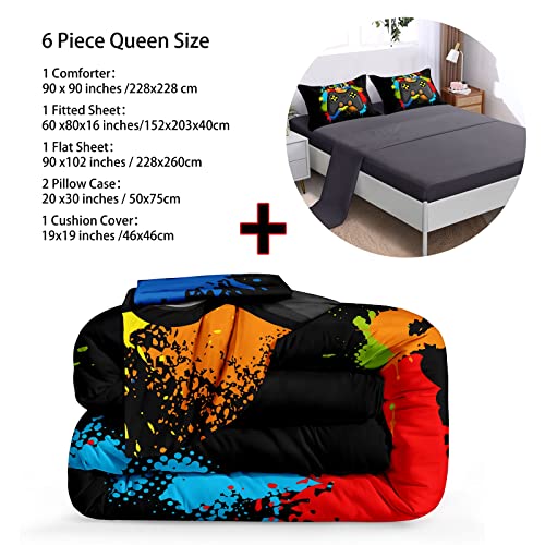 BDUCOK 6 Pieces Gamer Comforter Set for Boys Gaming Bedding Set Queen Size,Video Game Controller Comforter for Kids Adult 3D Gamepad Microfiber Bedding Sets 6 Pieces Bed in A Bag Sets30019,Queen