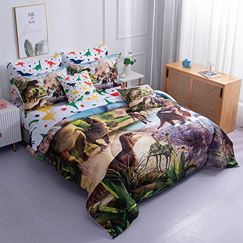 NiuOne 9 Piece Dinosaur Comforter Set Bed in a Bag Full Size for Teen Kids Adults,3D Jungle Realistic Dinosaur Quilt Set,(1 Comforter+4 Pillowcase+1 Flat Sheet+1 Fitted Sheet+2 Throw Pillow Cover)