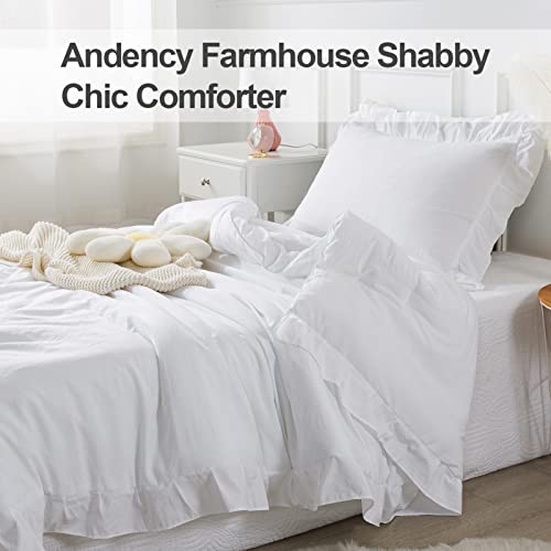 Andency Kids Twin(66x90Inch), 2 Pieces White Ruffle, Farmhouse Shabby Chic Comforter Set, Soft Microfiber Kids Bedding Set