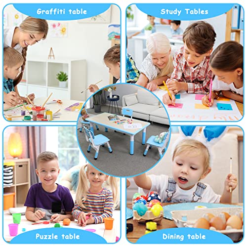 Arlopu Big Kids Study Table and 4 Chair Set, Height Adjustable Toddler Table and Chair Set for 4, Multifunctional Toddler Table, Reading, Drawing, Eating Interaction (Blue, Long Table)