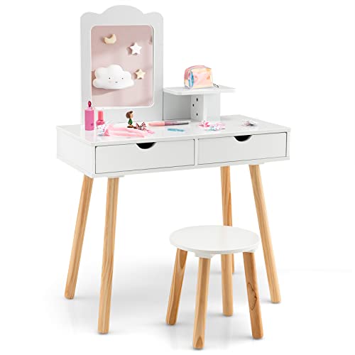 Costzon Kids Vanity Set, Girls Vanity Set with Mirror and Stool, 2 Large Drawers, Storage Shelf, Wooden Princess Makeup Dressing Table, Pretend Play Vanity Table and Chair Set for Toddlers, White