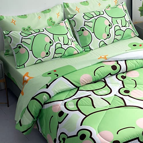 MUSOLEI 7 Piece Frog Comforter Set for Kids Boys and Girls Twin Size Microfiber Bedding Sets for All Season (1 Comforter, 1 Flat Sheet, 1 Fitted Sheet, 4 Pillowcases)
