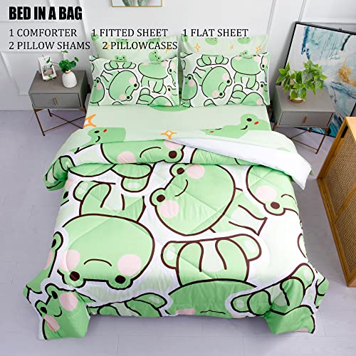 MUSOLEI 7 Piece Frog Comforter Set for Kids Boys and Girls Twin Size Microfiber Bedding Sets for All Season (1 Comforter, 1 Flat Sheet, 1 Fitted Sheet, 4 Pillowcases)