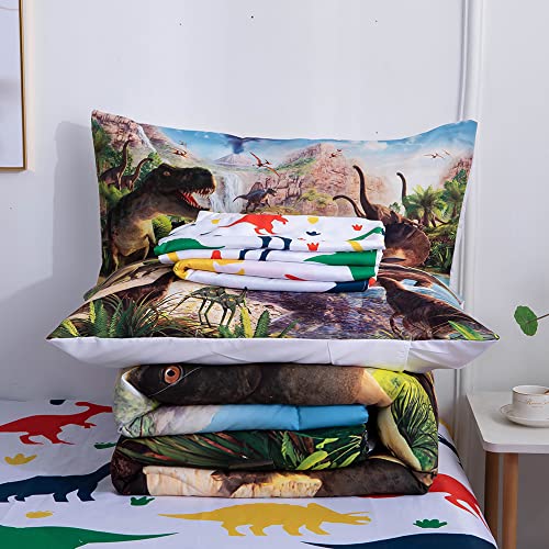 NiuOne 9 Piece Dinosaur Comforter Set Bed in a Bag Full Size for Teen Kids Adults,3D Jungle Realistic Dinosaur Quilt Set,(1 Comforter+4 Pillowcase+1 Flat Sheet+1 Fitted Sheet+2 Throw Pillow Cover)