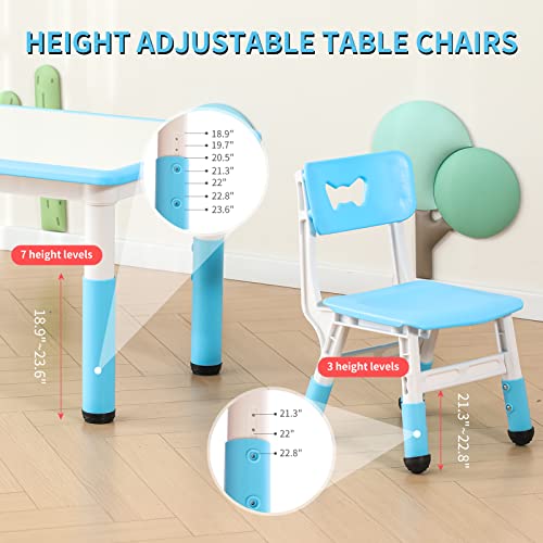JIAOQIU Kids Table and Chair Set with 6 Seats Height Adjustable Graffiti Table for Age 2-12 Easy to Clean Assemble Kids Activity Art Craft Table for Daycare Classroom Home Blue