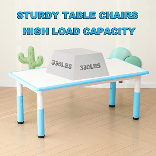 JIAOQIU Kids Table and Chair Set with 6 Seats Height Adjustable Graffiti Table for Age 2-12 Easy to Clean Assemble Kids Activity Art Craft Table for Daycare Classroom Home Blue