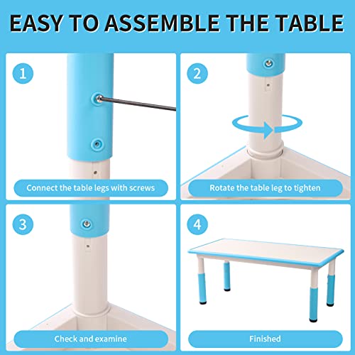 JIAOQIU Kids Table and Chair Set with 6 Seats Height Adjustable Graffiti Table for Age 2-12 Easy to Clean Assemble Kids Activity Art Craft Table for Daycare Classroom Home Blue
