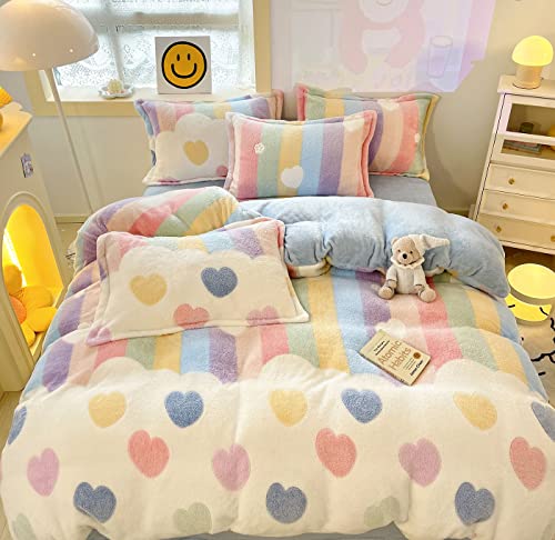 KASBLUEL Duvet Cover Queen,Kawaii Bedding Sets Rainbow Hearts,Soft Comforter Covers,Fluffy Bed Set,Microfiber Blanket,Room Decor for Teen Girls Toddler Kids Women Full Size
