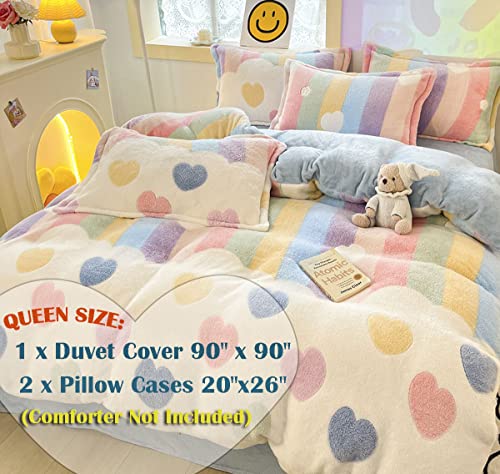 KASBLUEL Duvet Cover Queen,Kawaii Bedding Sets Rainbow Hearts,Soft Comforter Covers,Fluffy Bed Set,Microfiber Blanket,Room Decor for Teen Girls Toddler Kids Women Full Size