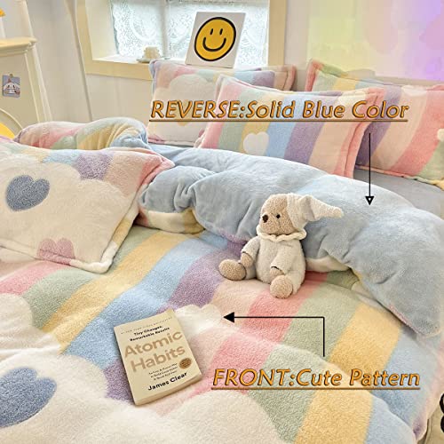 KASBLUEL Duvet Cover Queen,Kawaii Bedding Sets Rainbow Hearts,Soft Comforter Covers,Fluffy Bed Set,Microfiber Blanket,Room Decor for Teen Girls Toddler Kids Women Full Size