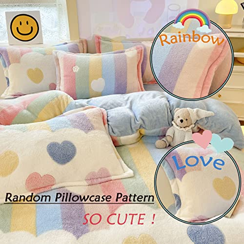 KASBLUEL Duvet Cover Queen,Kawaii Bedding Sets Rainbow Hearts,Soft Comforter Covers,Fluffy Bed Set,Microfiber Blanket,Room Decor for Teen Girls Toddler Kids Women Full Size