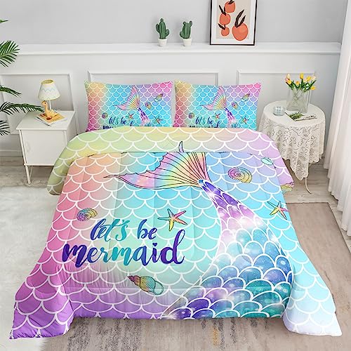 Datura home Bedding Comforter Set Rainbow Scales Mermaid Printed Pattern Bedding Set with 1 Comforter and 2 Pillowcases for Girls Bedroom All Season(Rainbow Scales Mermaid Twin)
