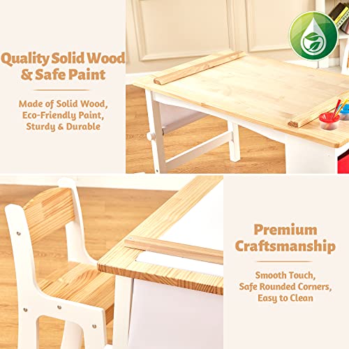 FUNLIO Wooden Kids Art Table & 2 Chairs Set (for Ages 3-8), Kids Craft Table with Large Storage & Paper Rolls, Toddler Drawing Table Solid Wood, Easy to Assemble/Clean, CPC & CE Certified