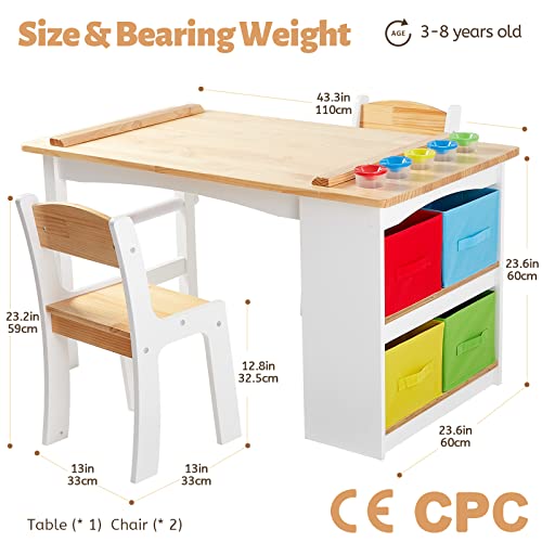 FUNLIO Wooden Kids Art Table & 2 Chairs Set (for Ages 3-8), Kids Craft Table with Large Storage & Paper Rolls, Toddler Drawing Table Solid Wood, Easy to Assemble/Clean, CPC & CE Certified