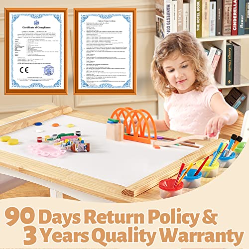 FUNLIO Wooden Kids Art Table & 2 Chairs Set (for Ages 3-8), Kids Craft Table with Large Storage & Paper Rolls, Toddler Drawing Table Solid Wood, Easy to Assemble/Clean, CPC & CE Certified
