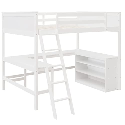MOEO Full Size Loft Bed with Shelves and Desk, Wooden Loftbed Frame with w/Ladder for Kids, Boys, Girls, Bedroom, No Spring Box Required, White