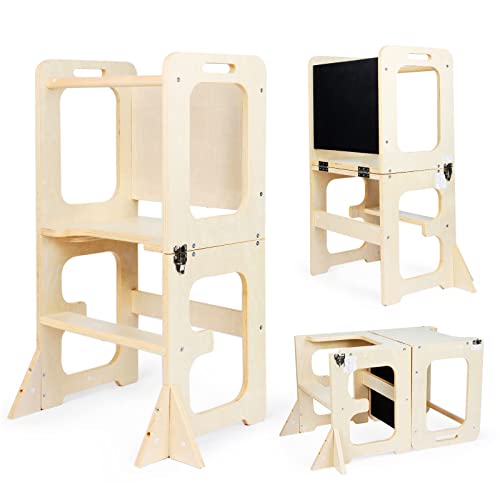 Asweets 4 in 1 Toddler Standing Tower for Leanring Kitchen Stool Helper with Chalkboard,Safer Than a Step Stool,Art Desk Anti-Slip Protection Ideal Helper for Little Kids in The Kitchen