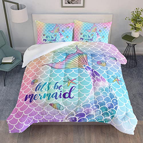Datura home Bedding Comforter Set Rainbow Scales Mermaid Printed Pattern Bedding Set with 1 Comforter and 2 Pillowcases for Girls Bedroom All Season(Rainbow Scales Mermaid Twin)