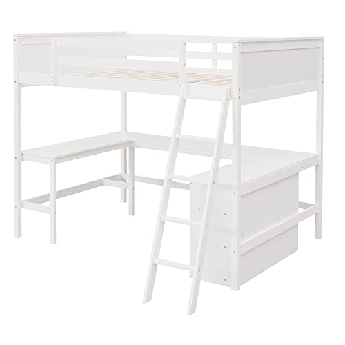 MOEO Full Size Loft Bed with Shelves and Desk, Wooden Loftbed Frame with w/Ladder for Kids, Boys, Girls, Bedroom, No Spring Box Required, White