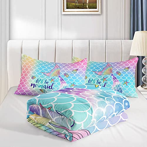Datura home Bedding Comforter Set Rainbow Scales Mermaid Printed Pattern Bedding Set with 1 Comforter and 2 Pillowcases for Girls Bedroom All Season(Rainbow Scales Mermaid Twin)