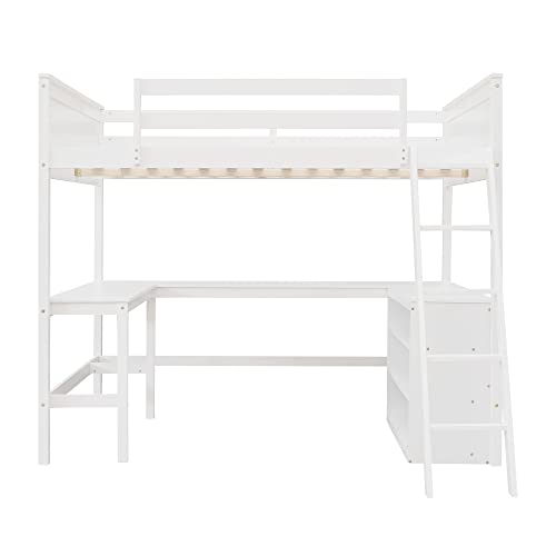 MOEO Full Size Loft Bed with Shelves and Desk, Wooden Loftbed Frame with w/Ladder for Kids, Boys, Girls, Bedroom, No Spring Box Required, White