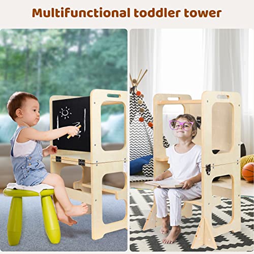Asweets 4 in 1 Toddler Standing Tower for Leanring Kitchen Stool Helper with Chalkboard,Safer Than a Step Stool,Art Desk Anti-Slip Protection Ideal Helper for Little Kids in The Kitchen