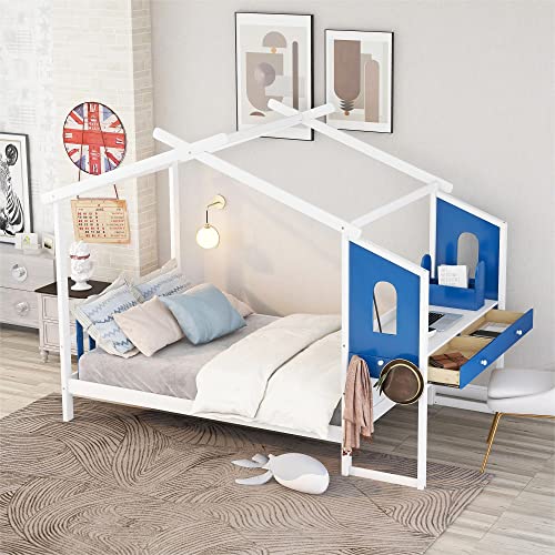 Tensun Full Size Platform Bed Frame with Built-in Desk and Two Drawers,Separate Storage Pen Case,House Shaped Platform Bed for Kids,Teens,Students,White+Blue