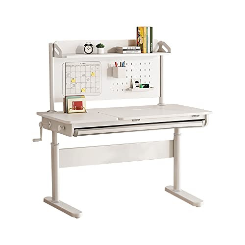 FCD Desk for Kids, Height Adjustable Wood Children Study Computer Desk with Large Shelf, Tiltable Desktop and Pull-Out Drawer